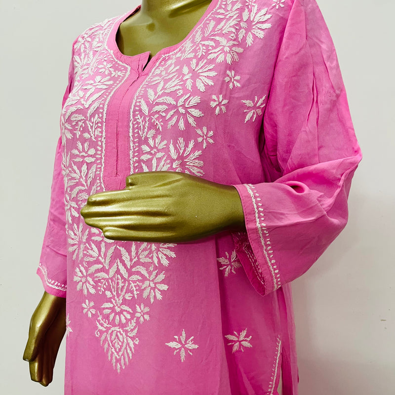 MAAHAM PINK CHIKANKARI RAYON KURTA Libaas e Lucknow