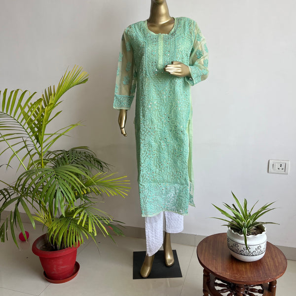 Asma Green Organza Chikankari Kurta Libaas e Lucknow