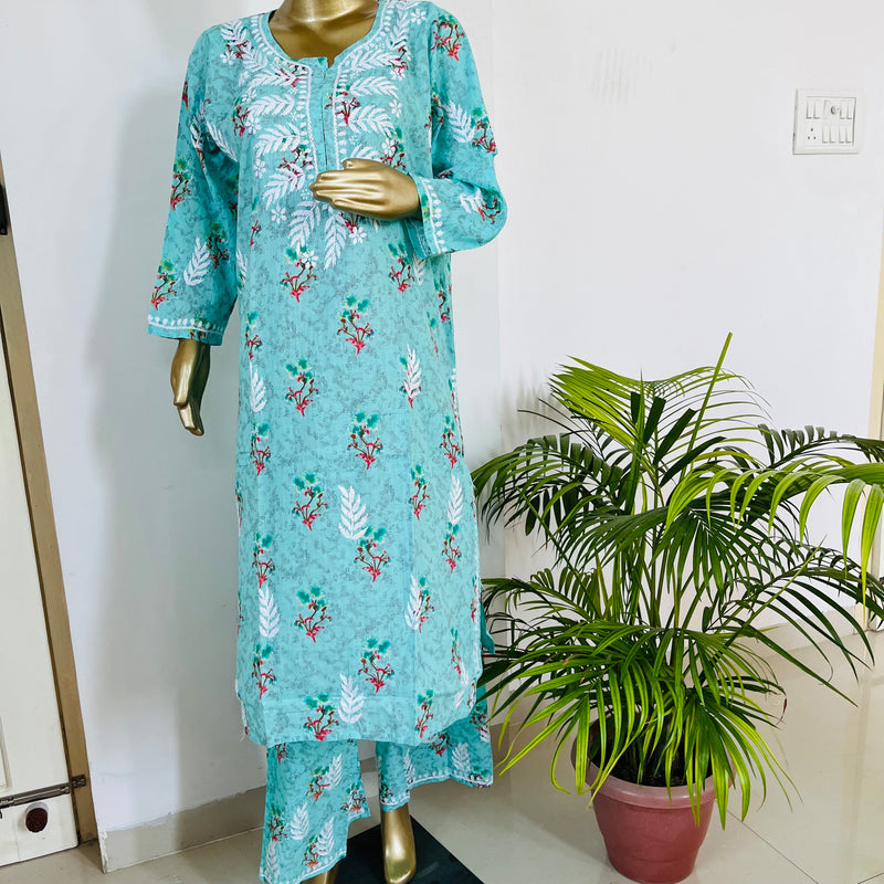 SAMIRA MUL CHIKANKARI TURQUOISE KURTA PALAZZO SET Libaas e Lucknow