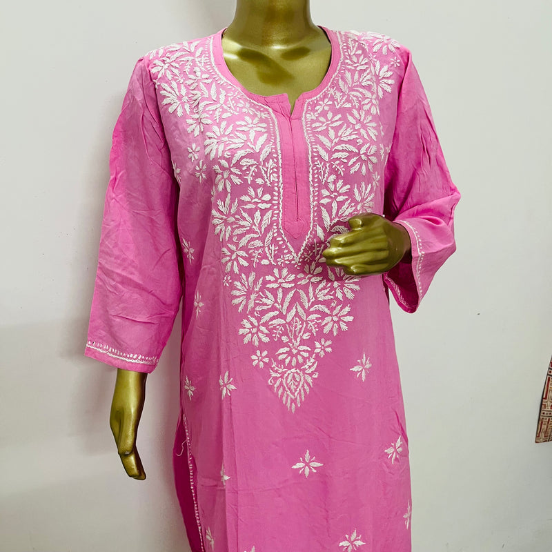 MAAHAM PINK CHIKANKARI RAYON KURTA Libaas e Lucknow