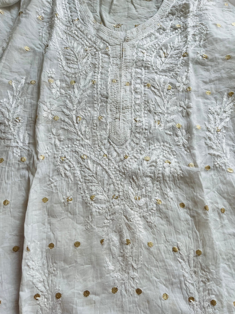 IFRAH WHITE CHANDERI CHIKANKARI PALLAZZO SET Libaas e Lucknow