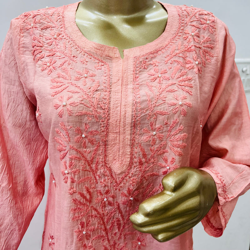 Zehrin Peach Chanderi Chikankari Kurta Libaas e Lucknow