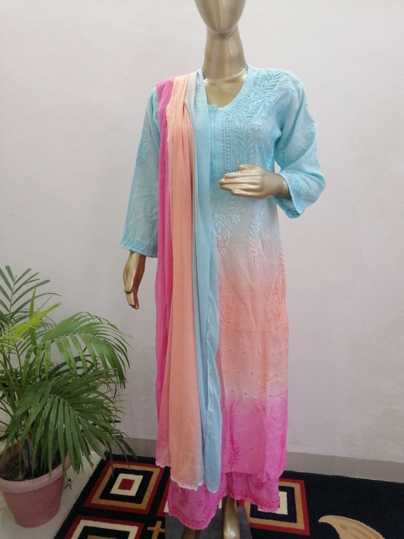 IFRAH ALIA CHANDERI CHIKANKARI PALAZZO SET Libaas e Lucknow