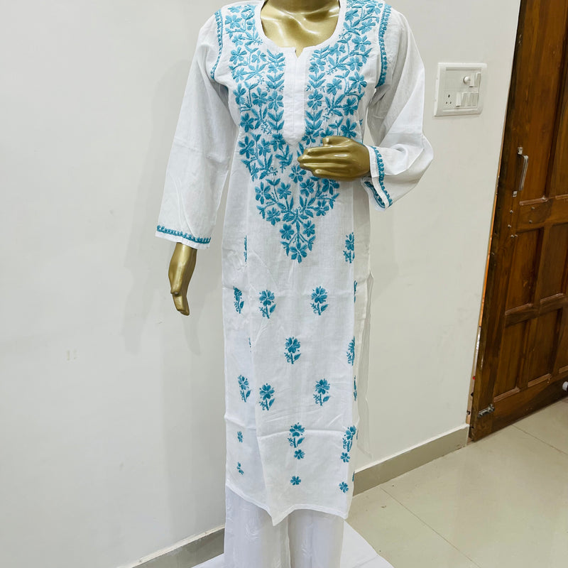 TARA CHIKANKARI WHITE BLUE KURTA Libaas e Lucknow