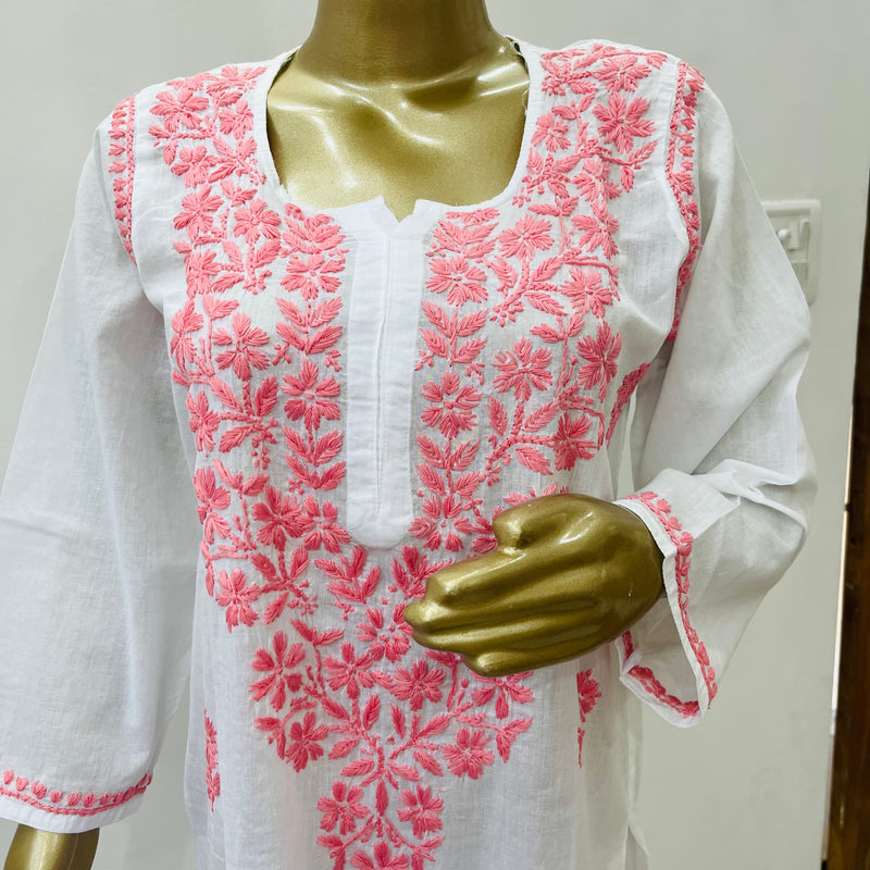 TARA CHIKANKARI WHITE PINK KURTA Libaas e Lucknow