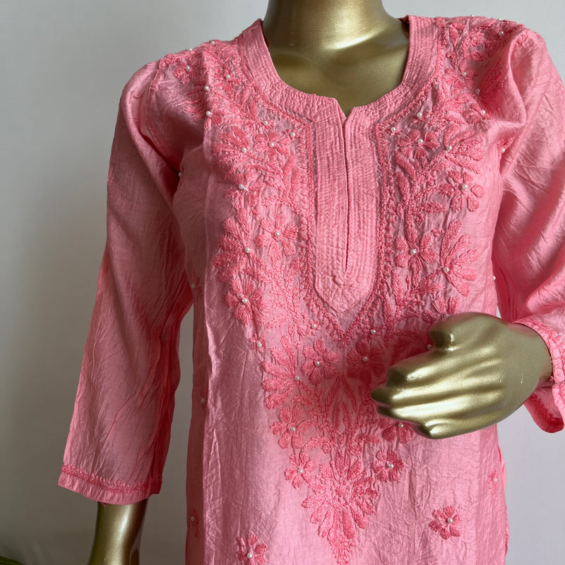 Zehrin Peach Chanderi Chikankari Kurta Libaas e Lucknow