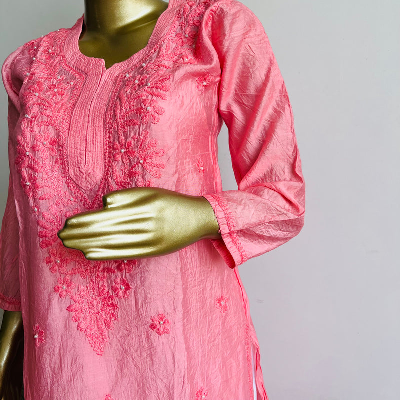 Zehrin Peach Chanderi Chikankari Kurta Libaas e Lucknow