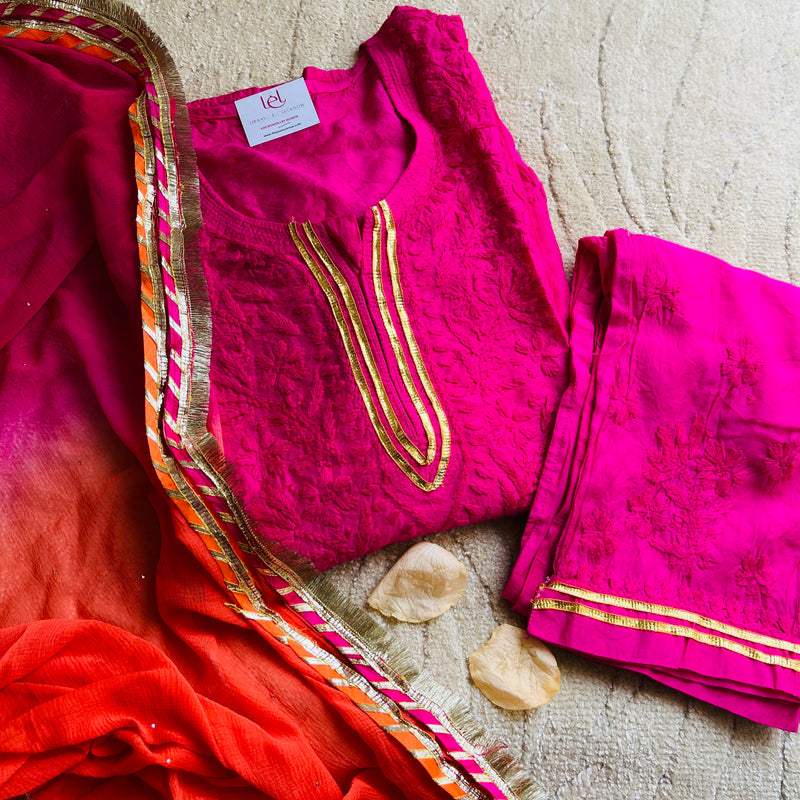 PINK ORANGE CHANDERI CHIKANKARI SUIT SET Libaas e Lucknow