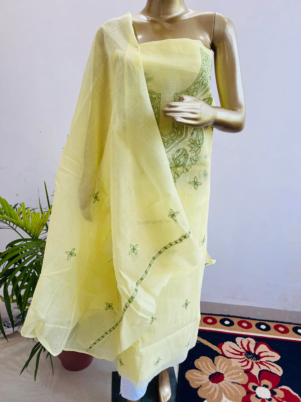 YELLOW COTTON UNSTITCHED CHIKANKARI SUIT Libaas e Lucknow