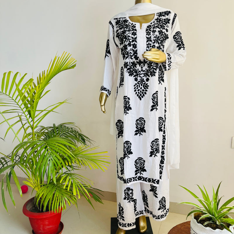 Rose White Black Chikankari Set