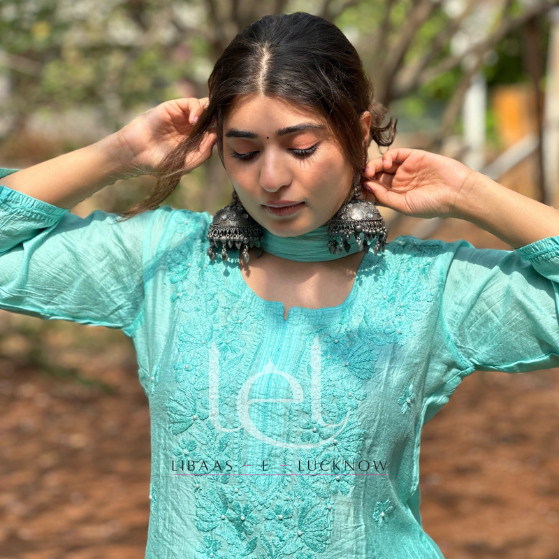 Zehra Blue Chanderi Chikankari Kurta