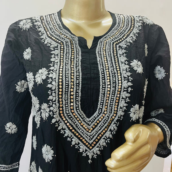 Umaiza BLACK CHANDERI SILK CHIKANKARI KURTI Libaas e Lucknow