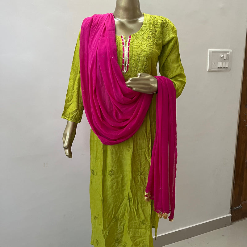 LIME PINK CHANDERI CHIKANKARI SUIT SET Libaas e Lucknow