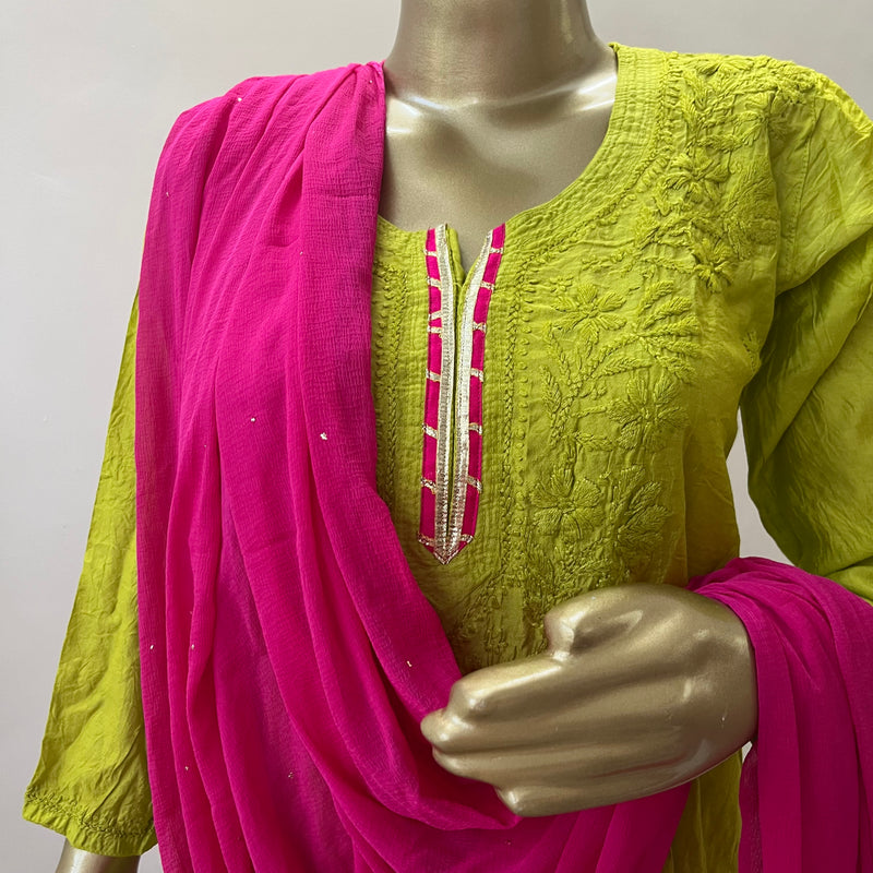 LIME PINK CHANDERI CHIKANKARI SUIT SET Libaas e Lucknow