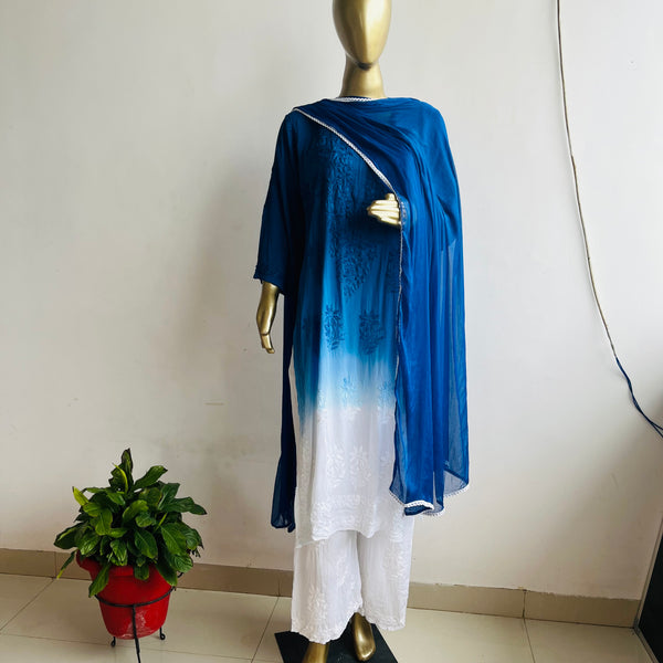 ANAH BLUE WHITE OMBRE MODAL CHIKANKARI KURTA PALAZZO SET