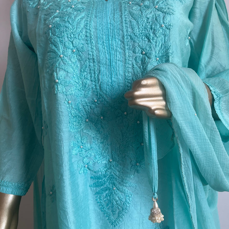 Zehra Blue Chanderi Chikankari Kurta Libaas e Lucknow