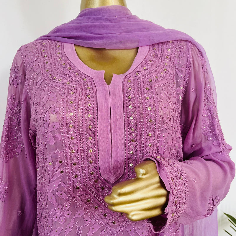 SHIZA CHIKANKARI PURE GEORGETTE KURTA SET WITH DUPATTA Libaas e Lucknow