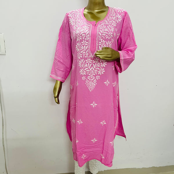 MAAHAM PINK CHIKANKARI RAYON KURTA Libaas e Lucknow