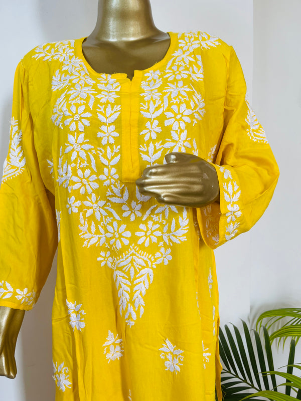 INAAYA YELLOW CHIKANKARI MODAL KURTA Libaas e Lucknow