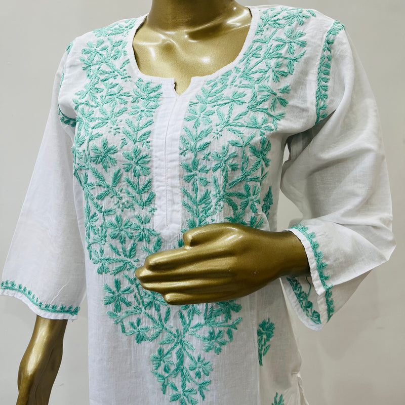 TARA CHIKANKARI WHITE TURQOISE KURTA Libaas e Lucknow