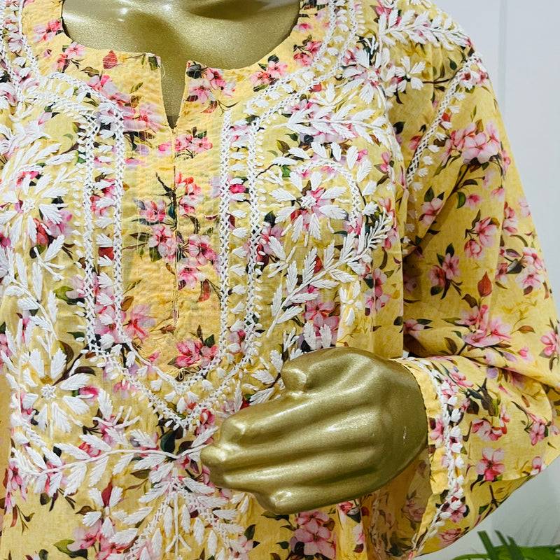 MAHIRA YELLOW PRINTED CHIKANKARI KURTI Libaas e Lucknow