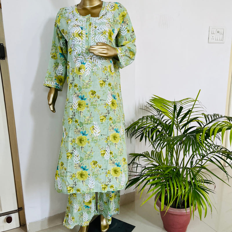 SAMIRA MUL CHIKANKARI GREEN KURTA PALLAZZO SET Libaas e Lucknow