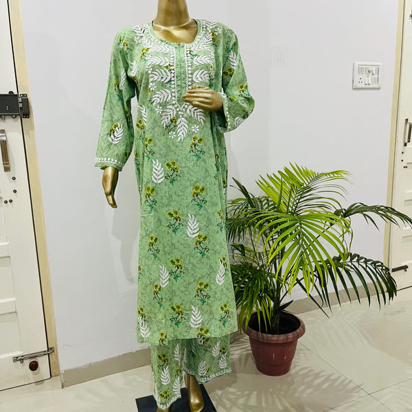 SAMIRA MUL CHIKANKARI GREEN KURTA PALAZZO SET Libaas e Lucknow