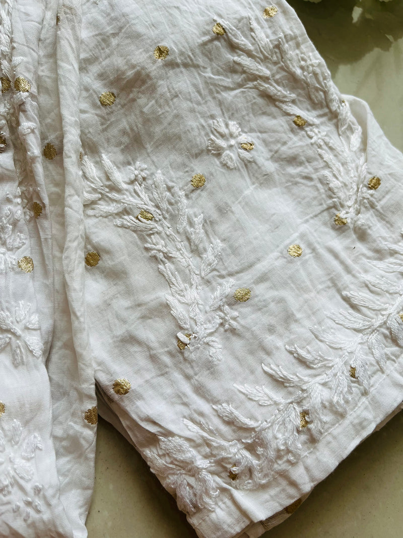 IFRAH WHITE CHANDERI CHIKANKARI PALLAZZO SET Libaas e Lucknow