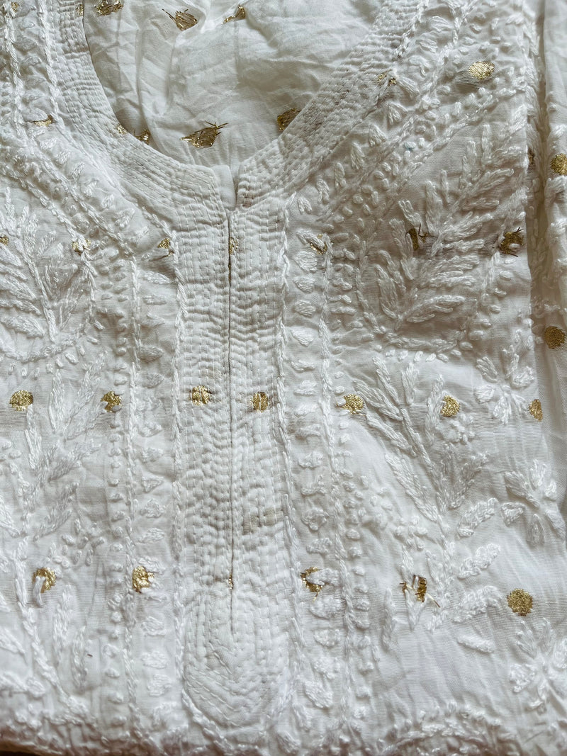 IFRAH WHITE CHANDERI CHIKANKARI PALLAZZO SET Libaas e Lucknow