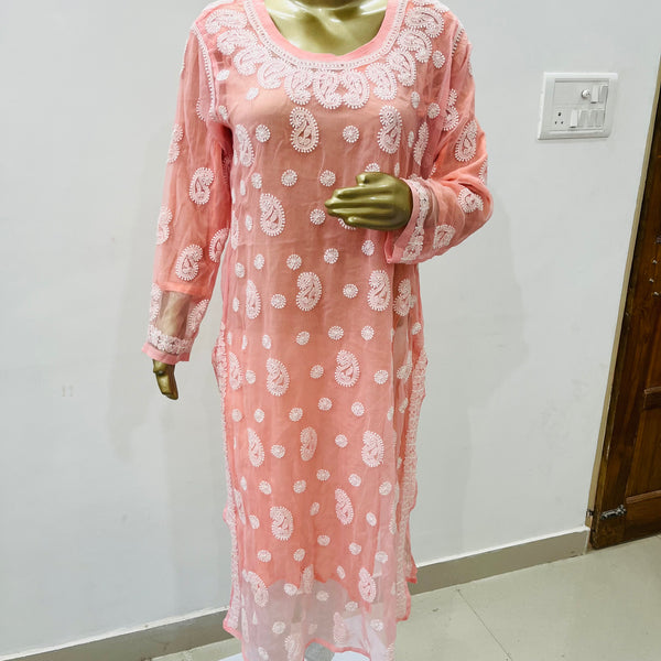 Sabira Peach Georgette Chikankari Kurta Libaas e Lucknow