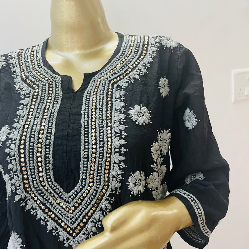 Umaiza BLACK CHANDERI SILK CHIKANKARI KURTI Libaas e Lucknow