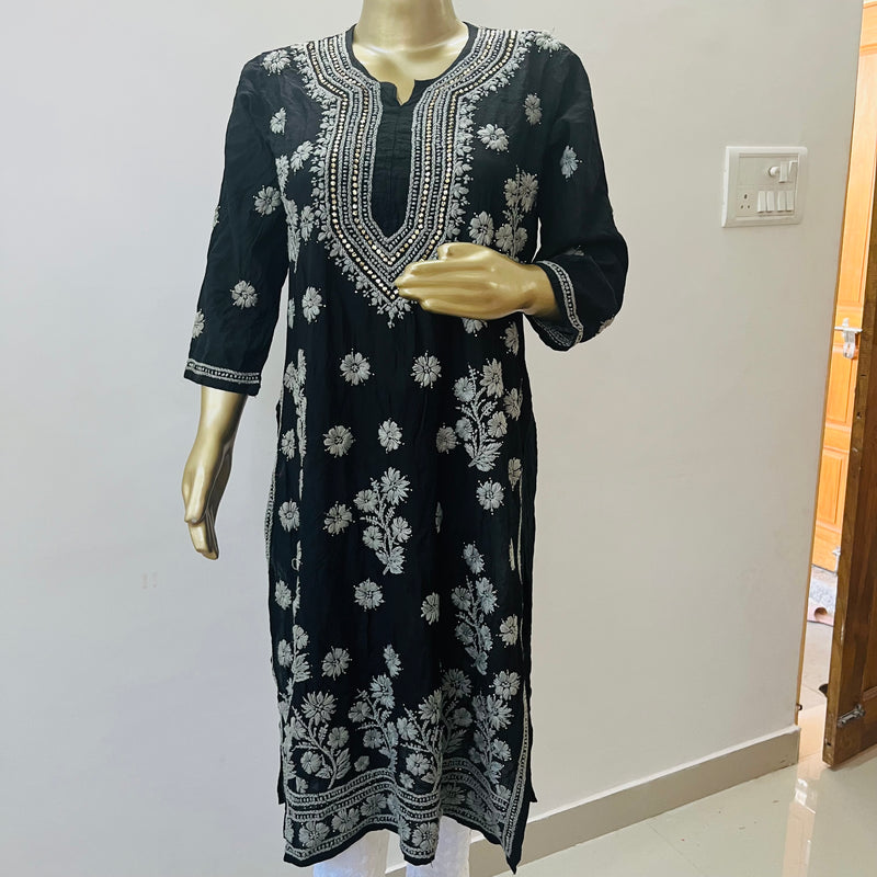 Umaiza BLACK CHANDERI SILK CHIKANKARI KURTI Libaas e Lucknow