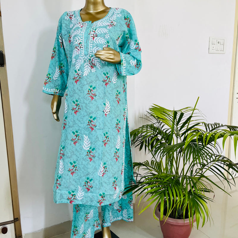 SAMIRA MUL CHIKANKARI TURQUOISE KURTA PALAZZO SET Libaas e Lucknow