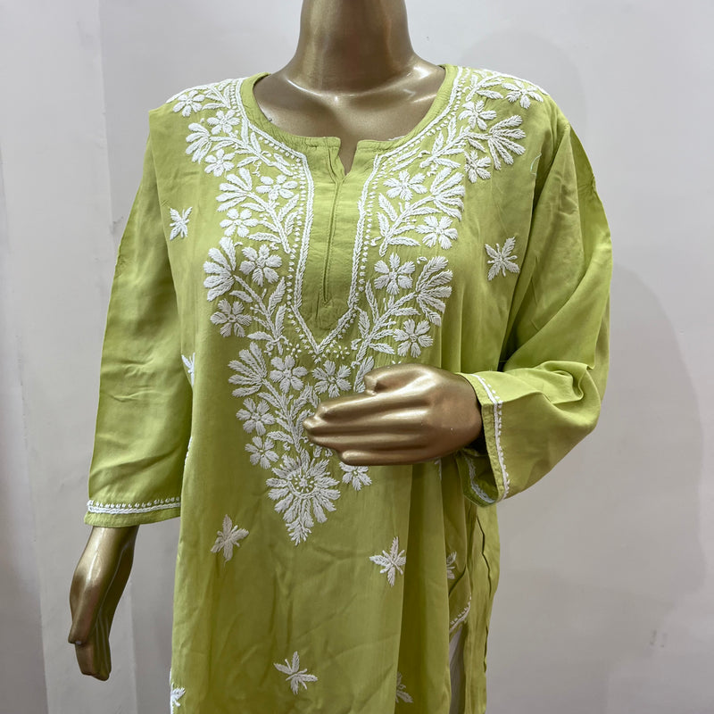 MAAHAM GREEN CHIKANKARI RAYON KURTA Libaas e Lucknow