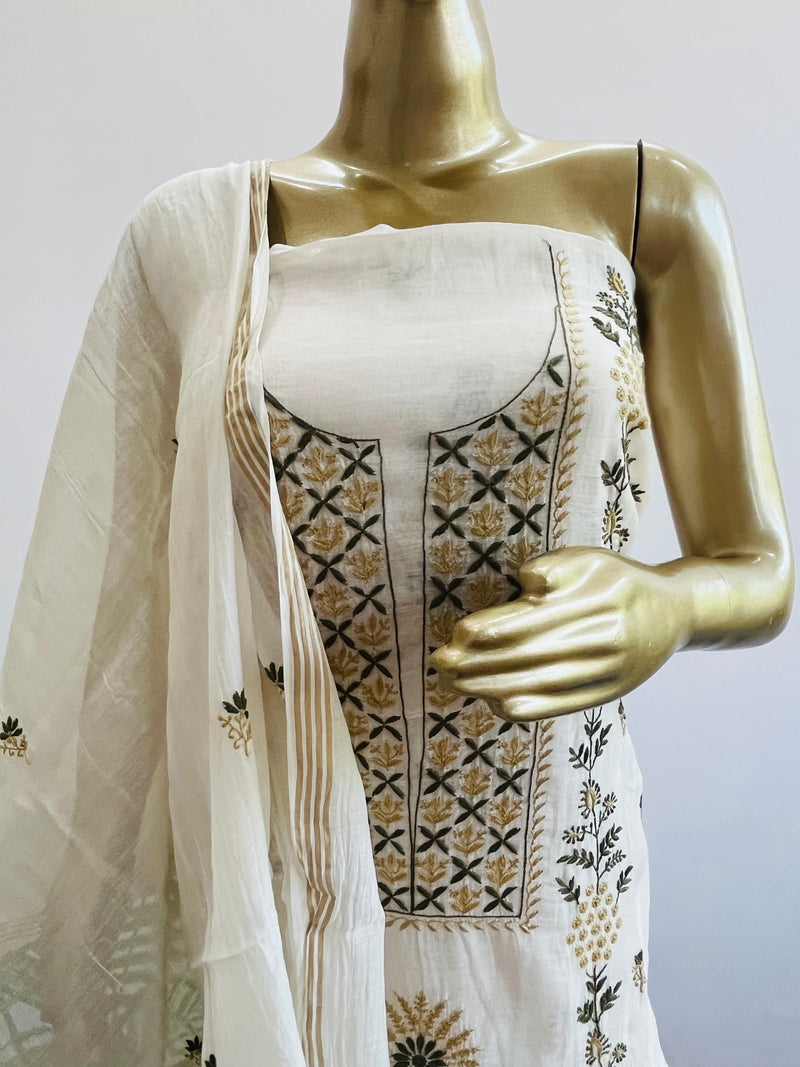 PURE CHANDERI UNSTITCHED CHIKANKARI SET Libaas e Lucknow