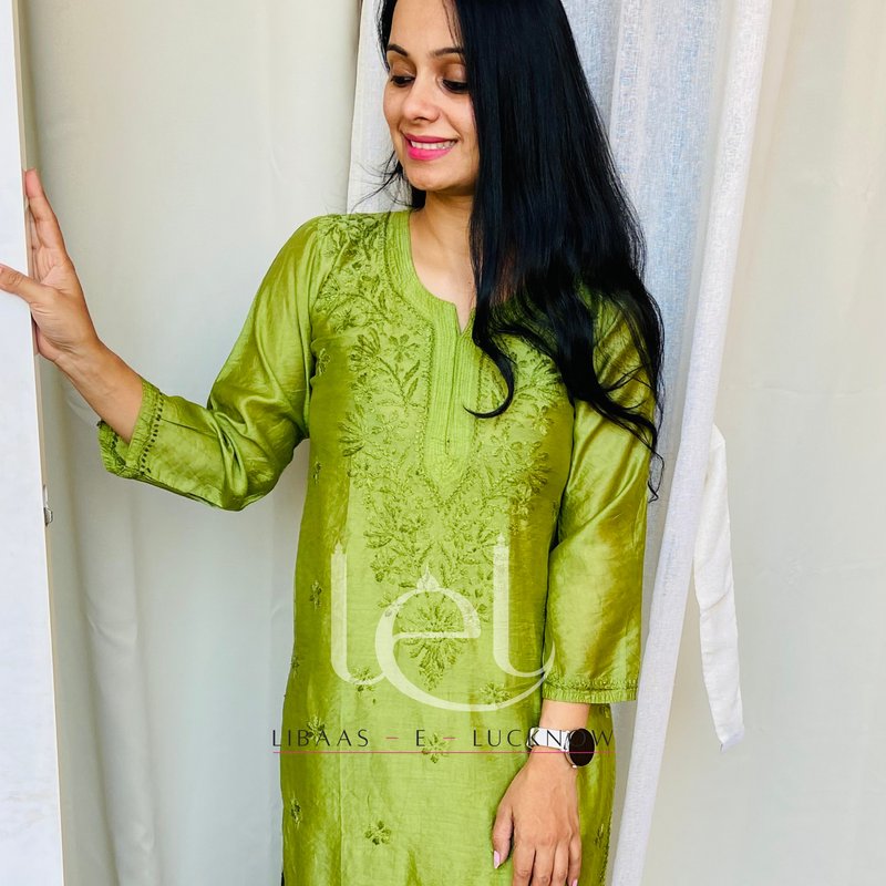 Samina Green Chanderi Chikankari Kurta Set