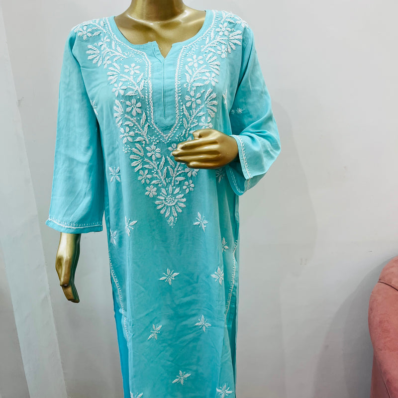 MAAHAM BLUE CHIKANKARI RAYON KURTA Libaas e Lucknow