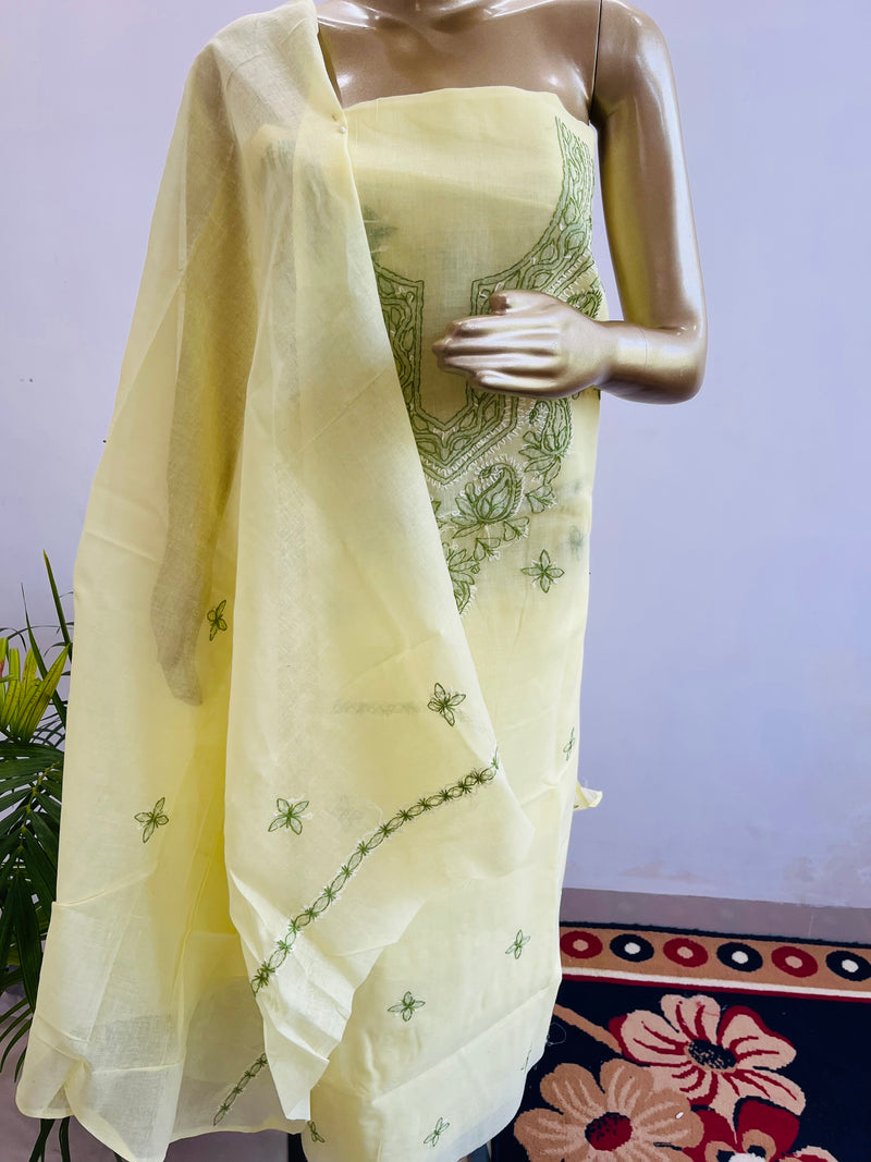 YELLOW COTTON UNSTITCHED CHIKANKARI SUIT Libaas e Lucknow