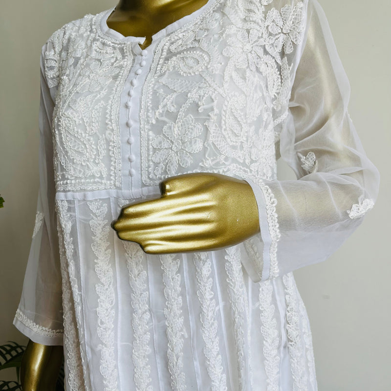 White Georgette Chikankari Anarkali Libaas e Lucknow