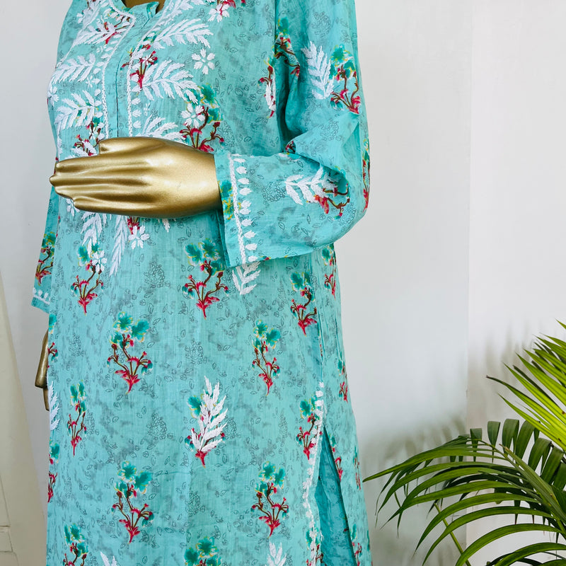 SAMIRA MUL CHIKANKARI TURQUOISE KURTA PALAZZO SET Libaas e Lucknow