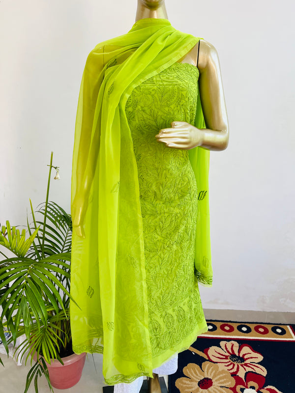 GREEN RESHAM GEORGETTE UNSTITCHED CHIKANKARI SUIT Libaas e Lucknow