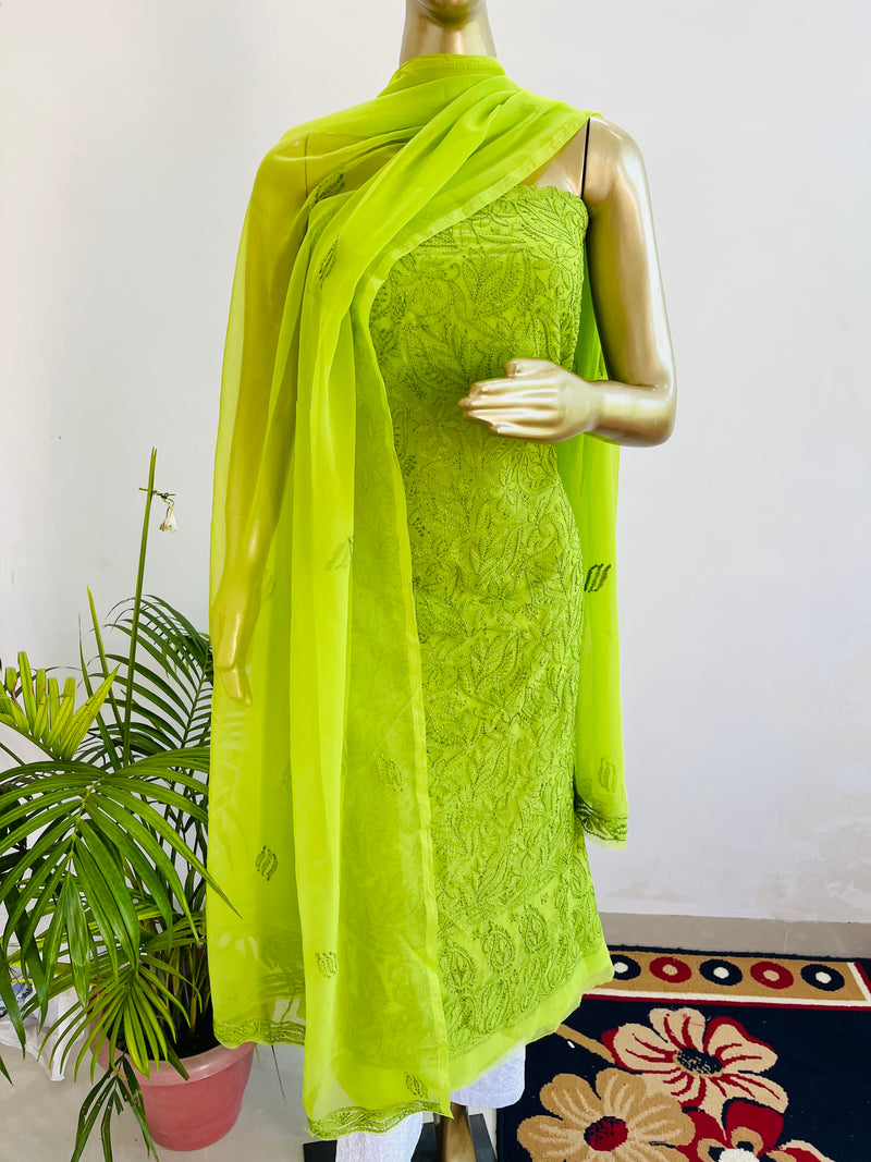 GREEN RESHAM GEORGETTE UNSTITCHED CHIKANKARI SUIT Libaas e Lucknow