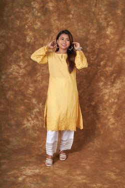 Sidra Cotton Yellow Hakoba Kurta Set Libaas e Lucknow