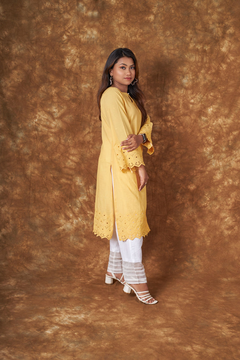 Sidra Cotton Yellow Hakoba Kurta Set Libaas e Lucknow