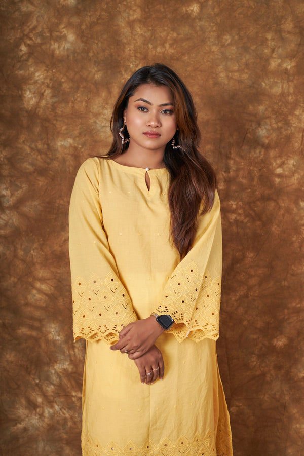 Sidra Cotton Yellow Hakoba Kurta Set Libaas e Lucknow