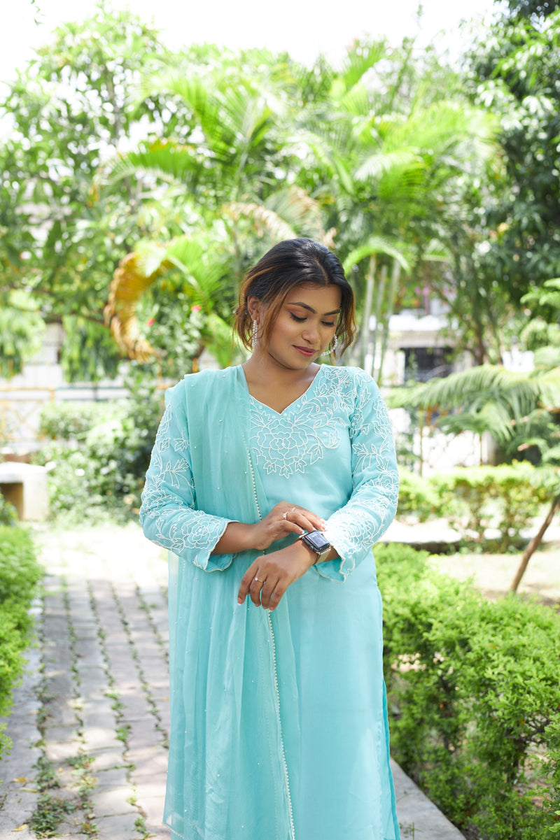 Soft Rose Pearl Embroidered Turquoise Blue Suit Set libaas-e-lucknow