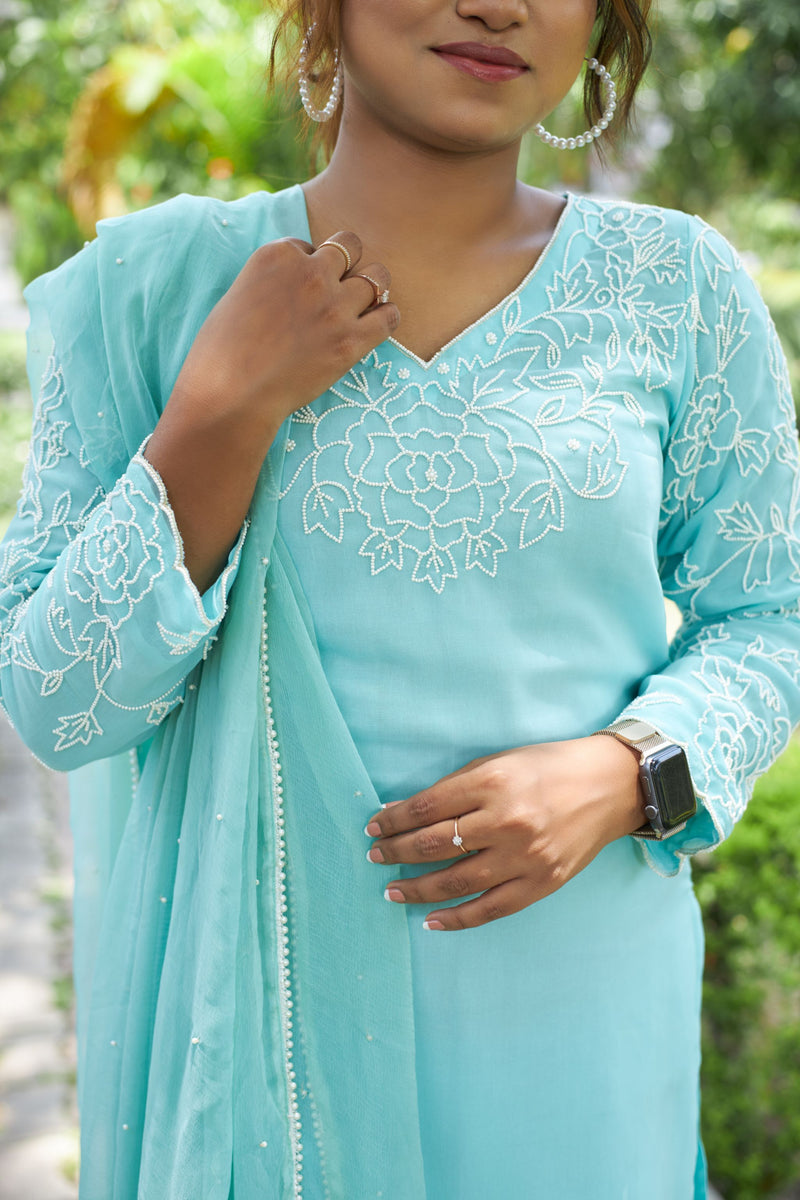 Soft Rose Pearl Embroidered Turquoise Blue Suit Set libaas-e-lucknow