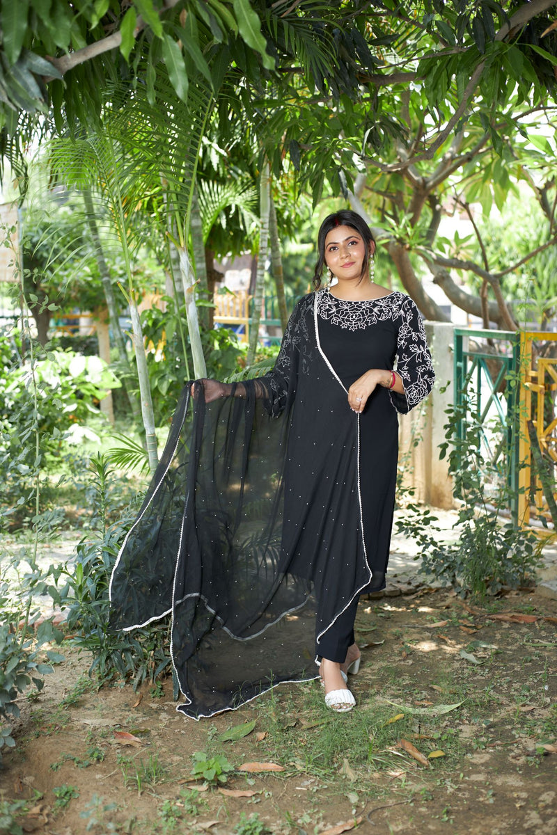 Soft Rose Pearl Embroidered Black Suit Set libaas-e-lucknow