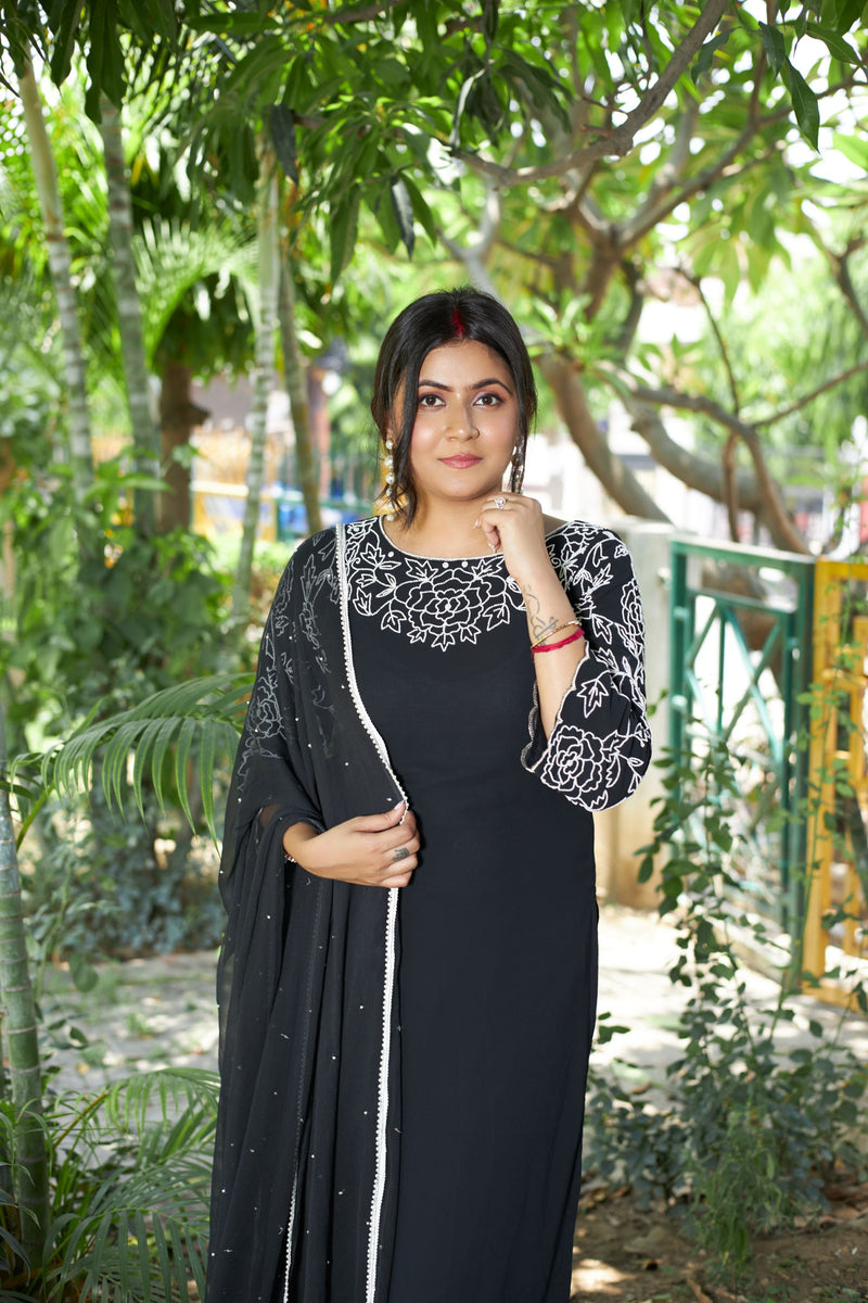 Soft Rose Pearl Embroidered Black Suit Set libaas-e-lucknow