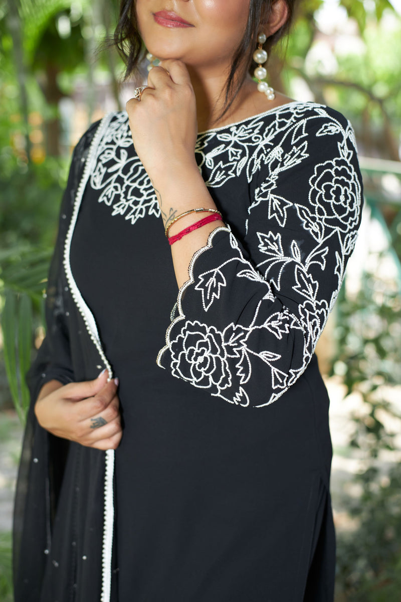 Soft Rose Pearl Embroidered Black Suit Set libaas-e-lucknow